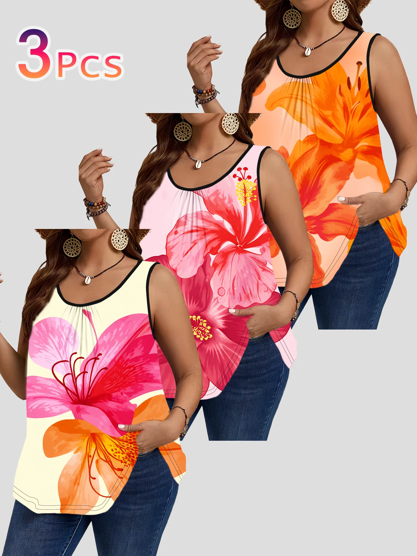 Conjunto de 3 piezas de chalecos sin mangas de talla grande | Blusa informal de corte holgado, con estampado floral de grandes flores tropicales, lirios y hibiscos, diseño de bloques de color, cuello redondo y corte favorecedor.