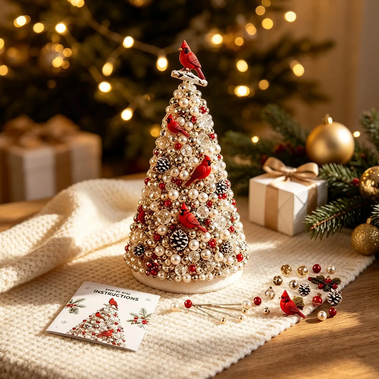 19X9cm Beaded Christmas Tree Kit with Pearl Red Bird Charm, DIY Craft Ornament Making Set, Holiday Nativity Wall Decor - view 3