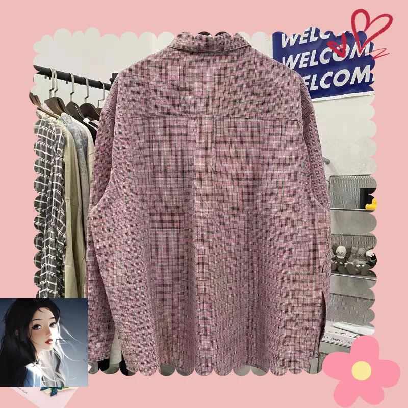 OUR LEGACY Pink Bubble Yarn Shirt Pockets Men Women High Quality Hip Hop Bubble Feel Grid Long Sleeve Shirt V-shape Blouse