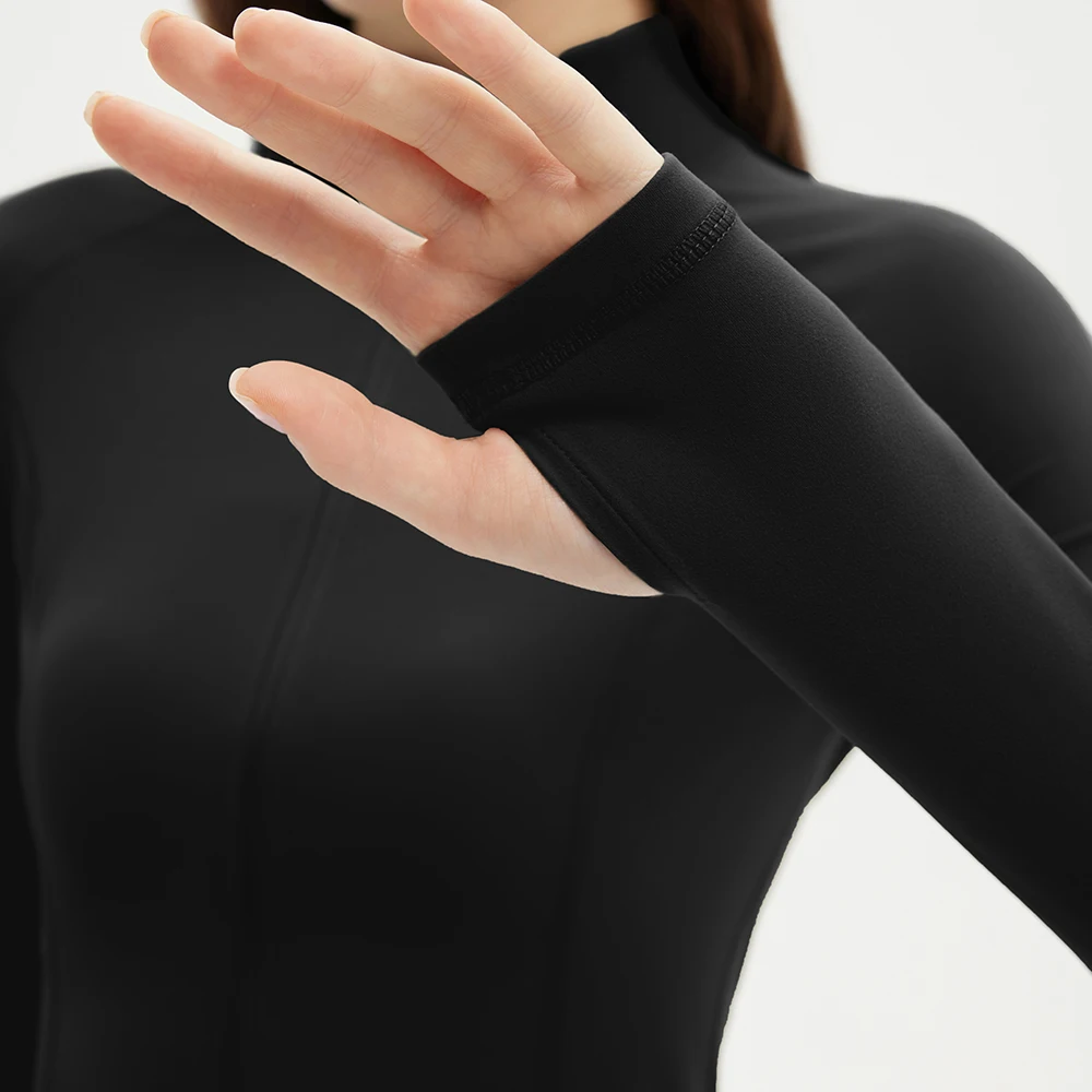 Zweiteiliges Sportset für Damen, einfarbig, mit Reißverschluss, langärmelige Sportjacke und Leggings mit hoher Taille, sportliches, atmungsaktives Yoga-Set für Damen – Detail 6