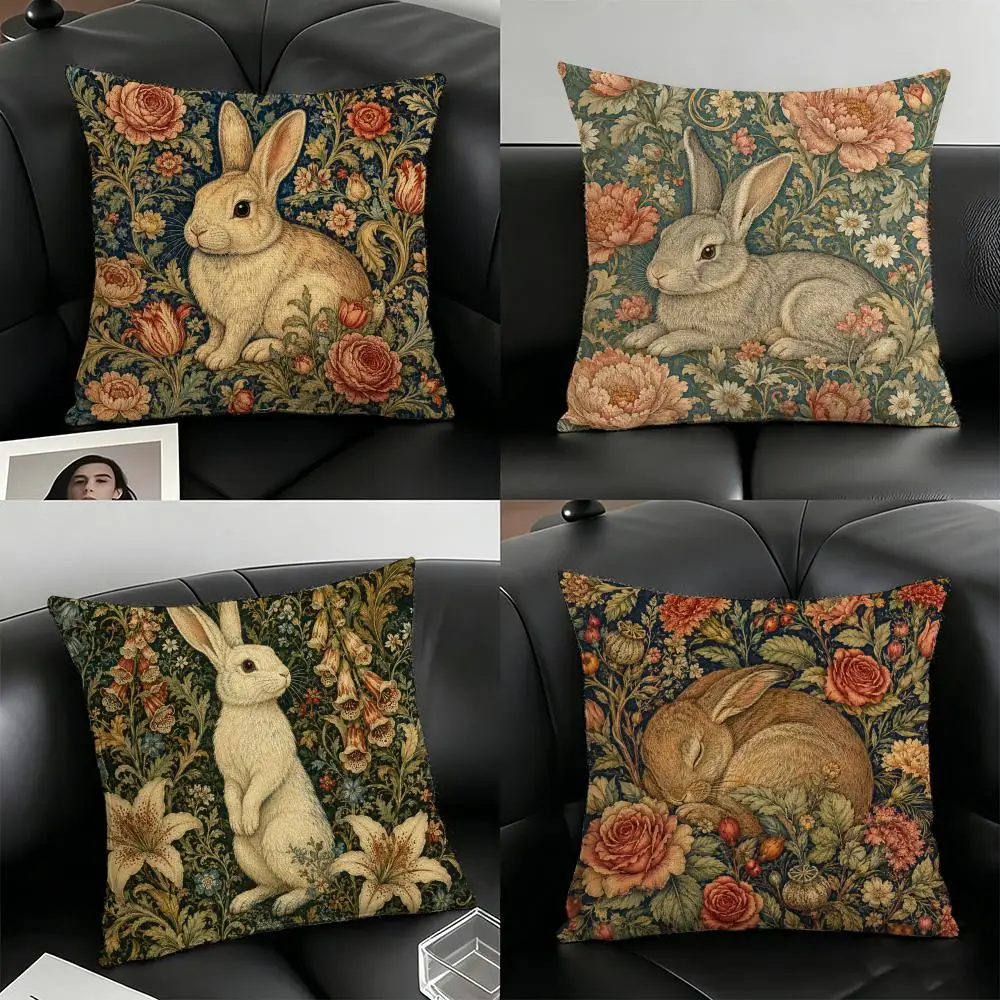 William Morris Rabbit Bunny Cushion Cover Natural Linen Organic Fabric Double-Sided Printing Breathable For Home Decor