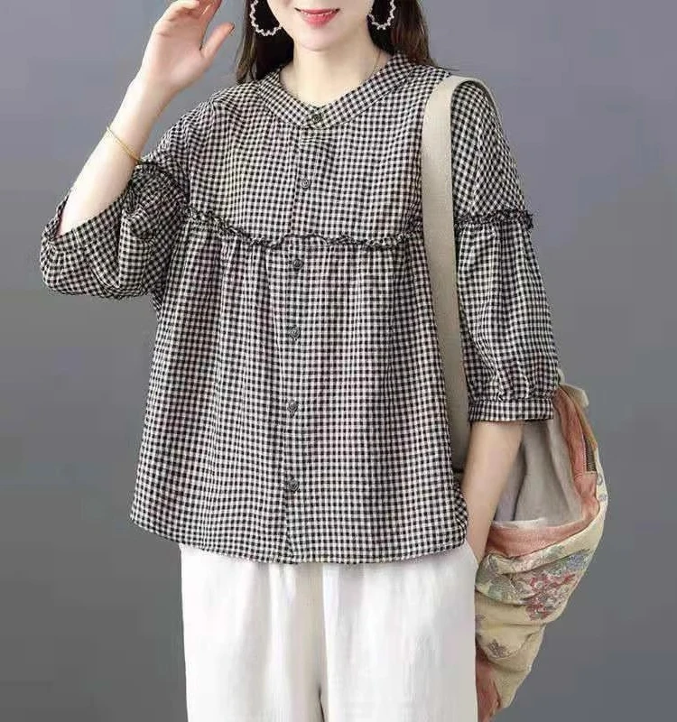 Japanese Sle Loose Large Size Cotton Linen irt Women's Loose Fit Slimming Five Sve ains Cheered Button up Top
