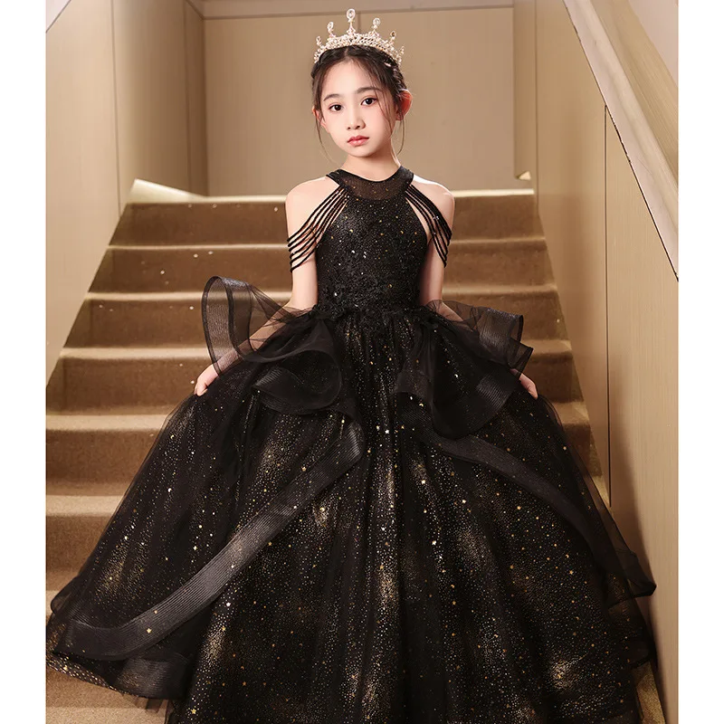 Girls Black Elegant Flower Beading Children Princess Wedding Bridesmaids Gown Kids Dresses baby Birthday Party ball Long dress