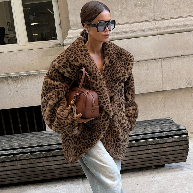 Tornova Retro Leopard Furry Oversized Lapel Jacket Women's Long Sleeve Print Warm Overcoat Autumn Winter New Office Lady Coat
