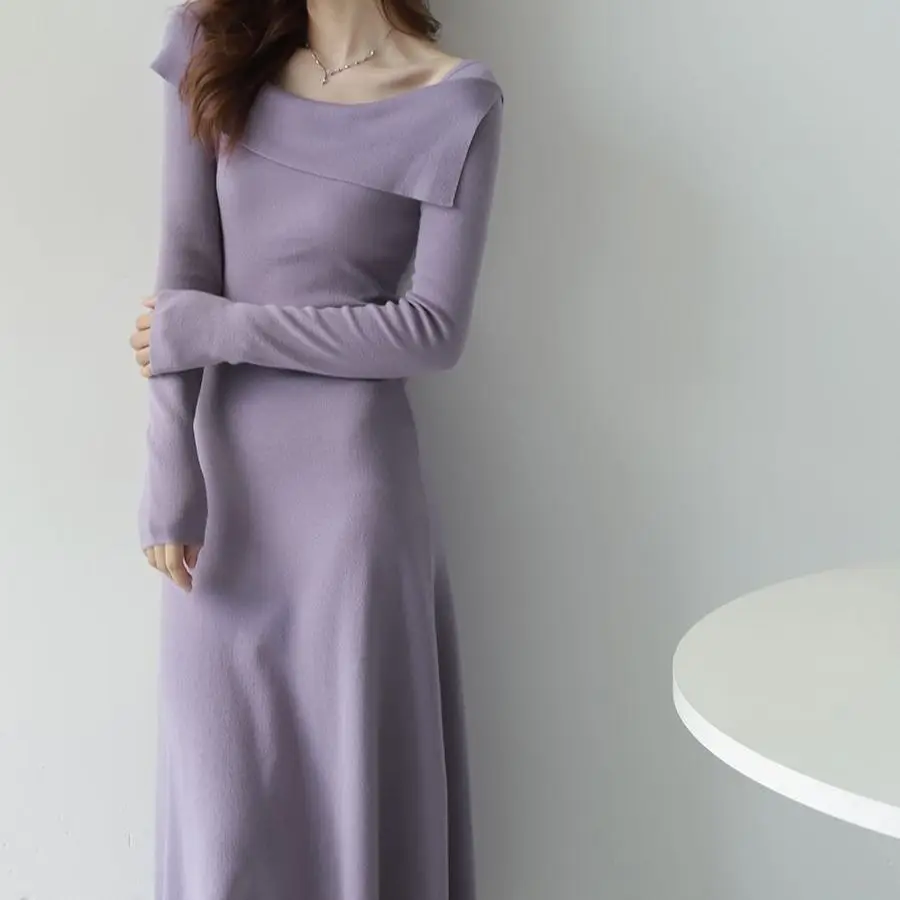 Vestido de punto de cuello de una línea para mujer, suéter de longitud media, falda interior, Otoño e Invierno