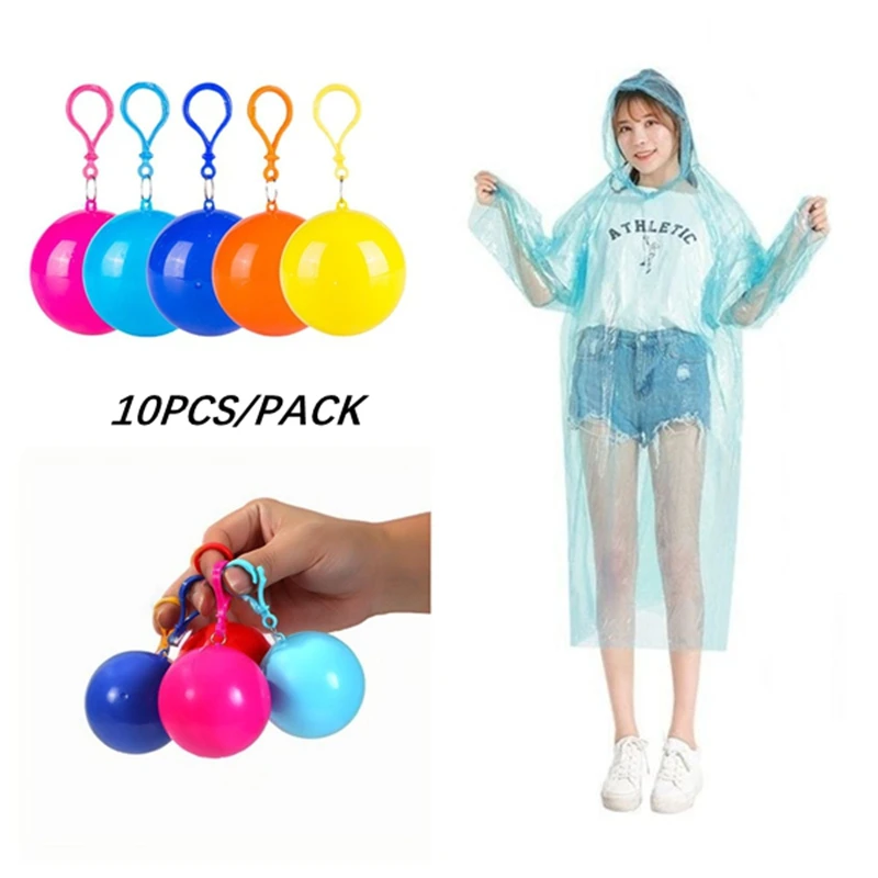 

10 PCS Disposable Emergency Rain Poncho Waterproof Raincoat In Keychain Ball Adult Rainwear for Camping Cycling Vehicle Supplies