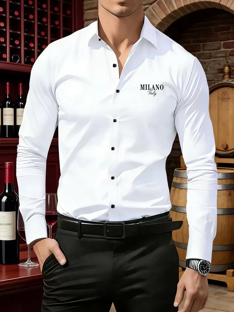 Men's Premium Business Casual Shirt with Word MILANO Slim Fit Long Sleeve Wrinkle Resistant Dress Shirt Multi Styles Available