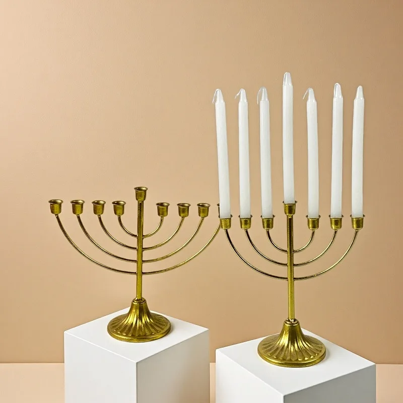 European Vintage Hanukkah Wrought Iron Candelabra, Golden 9-Arm Candle Cup for Israeli Holiday Decor