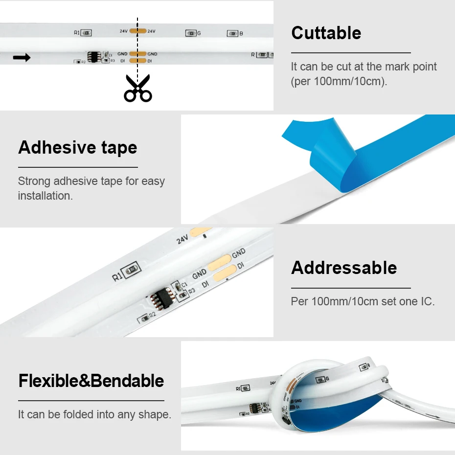 Faixa de luz led inteligente dreamcolor cob, 720leds/m, fita rgbic dc24v, fita flexível, controle remoto/bluetooth/tuya wifi para decoração de tv