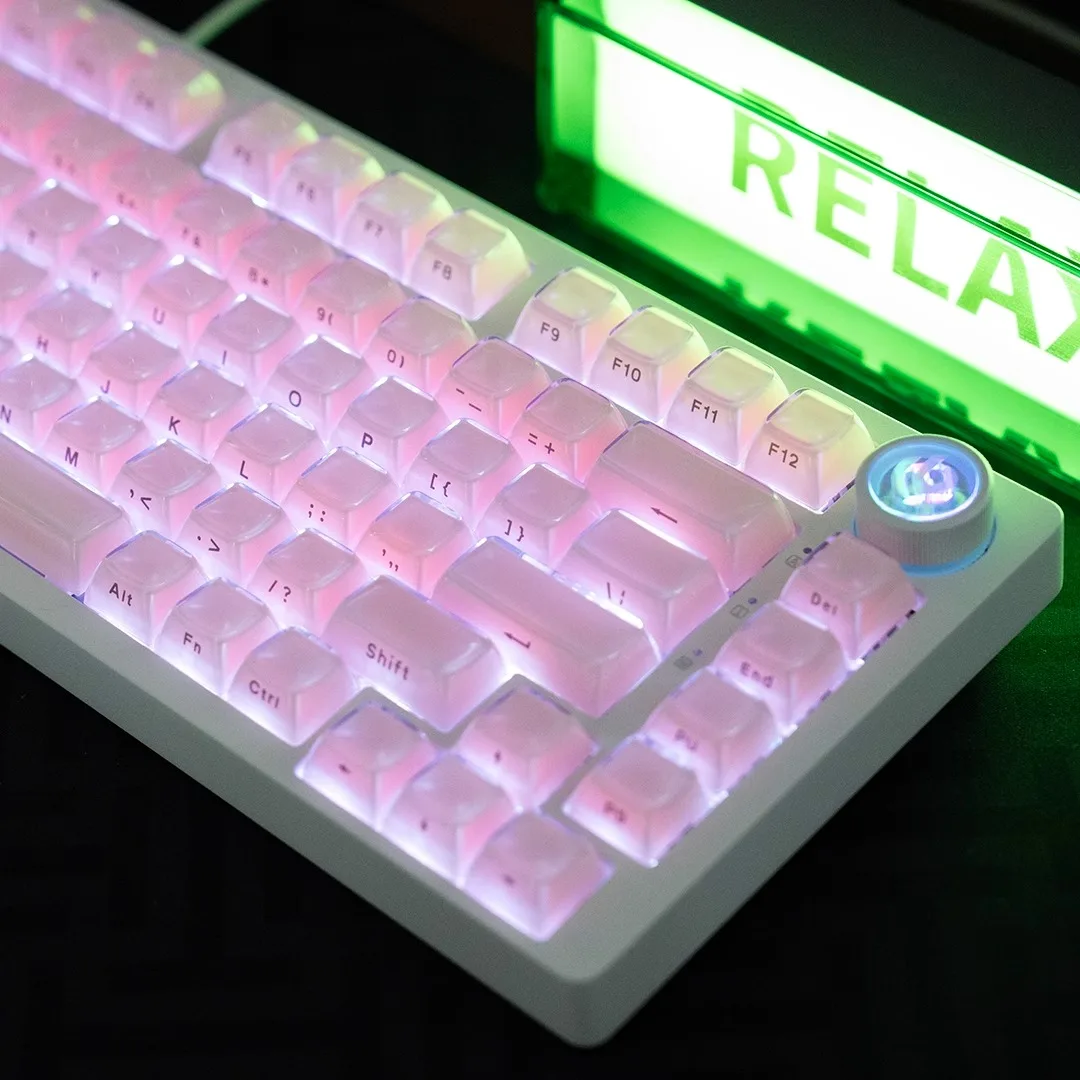 

Колпачки для клавиш Jelly Crystal с боковым принтом, розовый набор клавиш, механическая клавиатура для раскладки ANSI OEM для 64/68/84/104/108, колпачки для клавиш DIY 6,25u