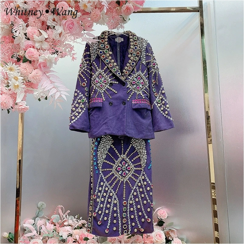 WHITNEY WANG Designer Style 2025 Spring Fashion Streetwear Crystals Beading Blazer and Skirt 2 Pieces Sets Women Party Wear