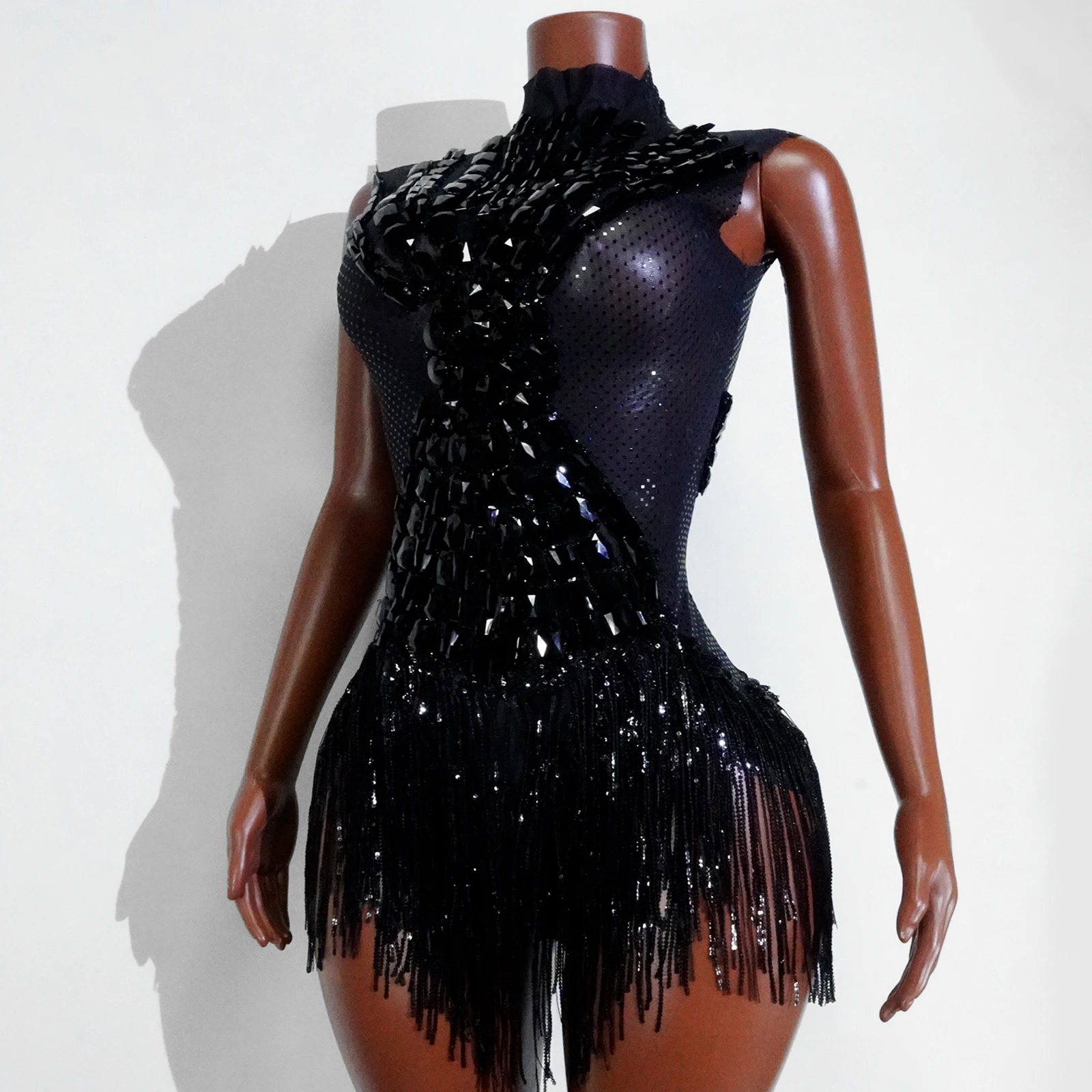 Women Sexy Black Mesh Tassel Bodysuit Sequins Performance Birthday Party Dance Costume Stage Wear Nightclub Drag Queen outfits