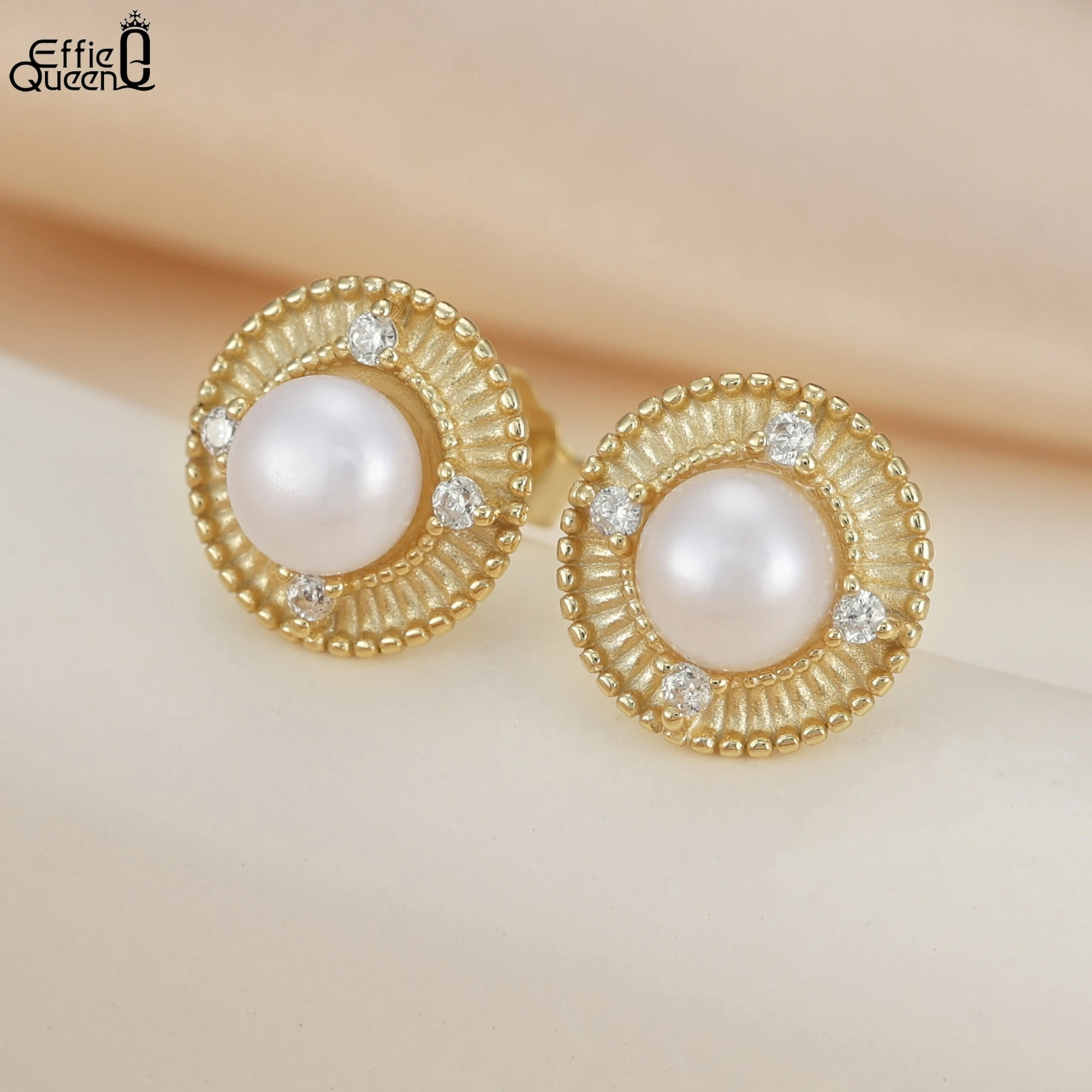 

Effie Queen 925 Silver Temperament Natural Pearl Zircon Stud Earrings For Women Exquisite Ear Stud Party Birthday Jewelry GPE123