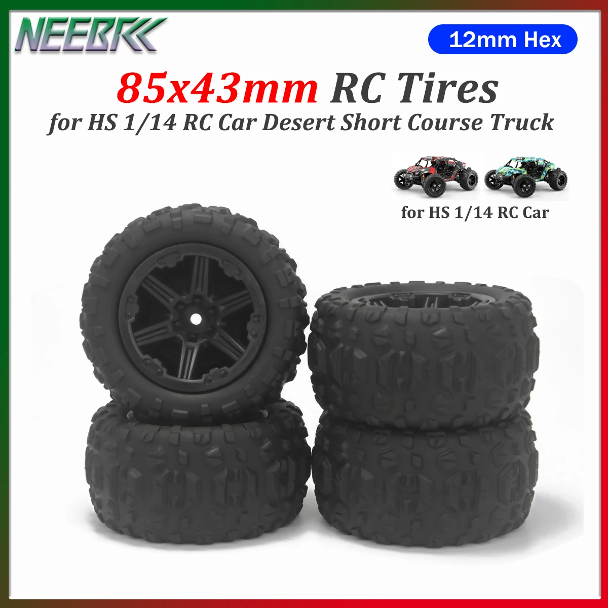 

4PCS 85mm RC Desert Tires 12mm Hex Hub 85x43mm Wheels Tyre Skidproof Wear-resistant for HS 1/14 RC Car Short Course Truck Parts