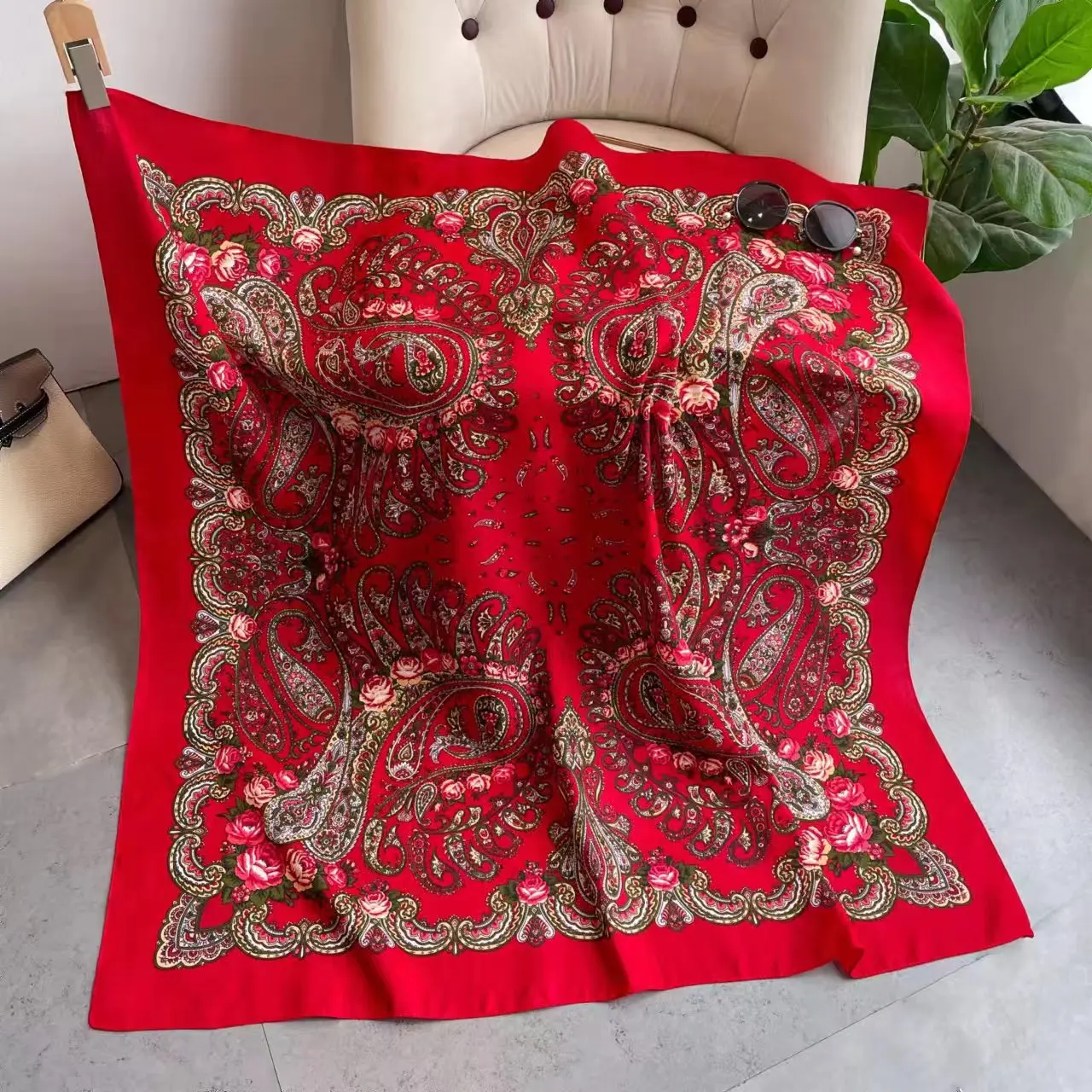 110*110CM Russian Scarf Women Luxury Floral Print Square Bandana Ukrainian Ethnic Shawl Big Size Handkerchief Wraps