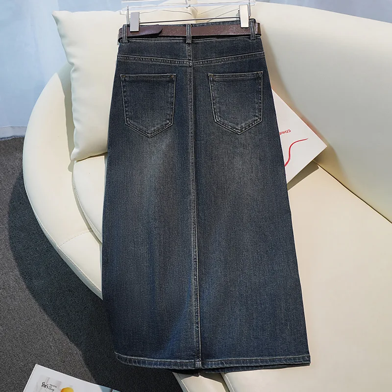 تنورة كلاسيكية من الدنيم الأزرق للنساء صيفية عصرية بفتحة أمامية عالية الخصر للتخسيس على شكل حرف A