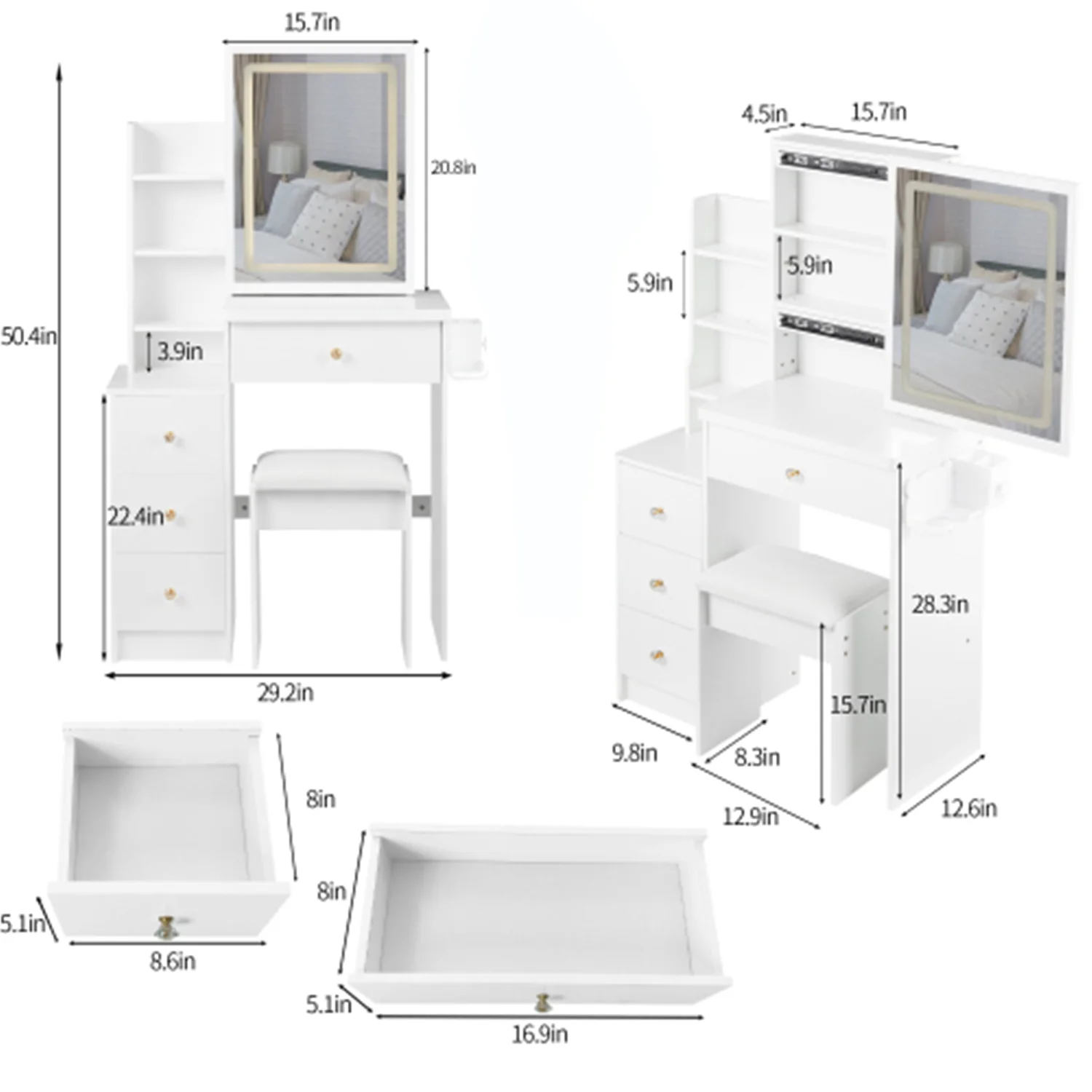 Small Size Left Bedside Cabinet Vanity Table Cushioned Stool 2 AC+2 USB Power Station LED Mirror EPA GCC UL Certificate