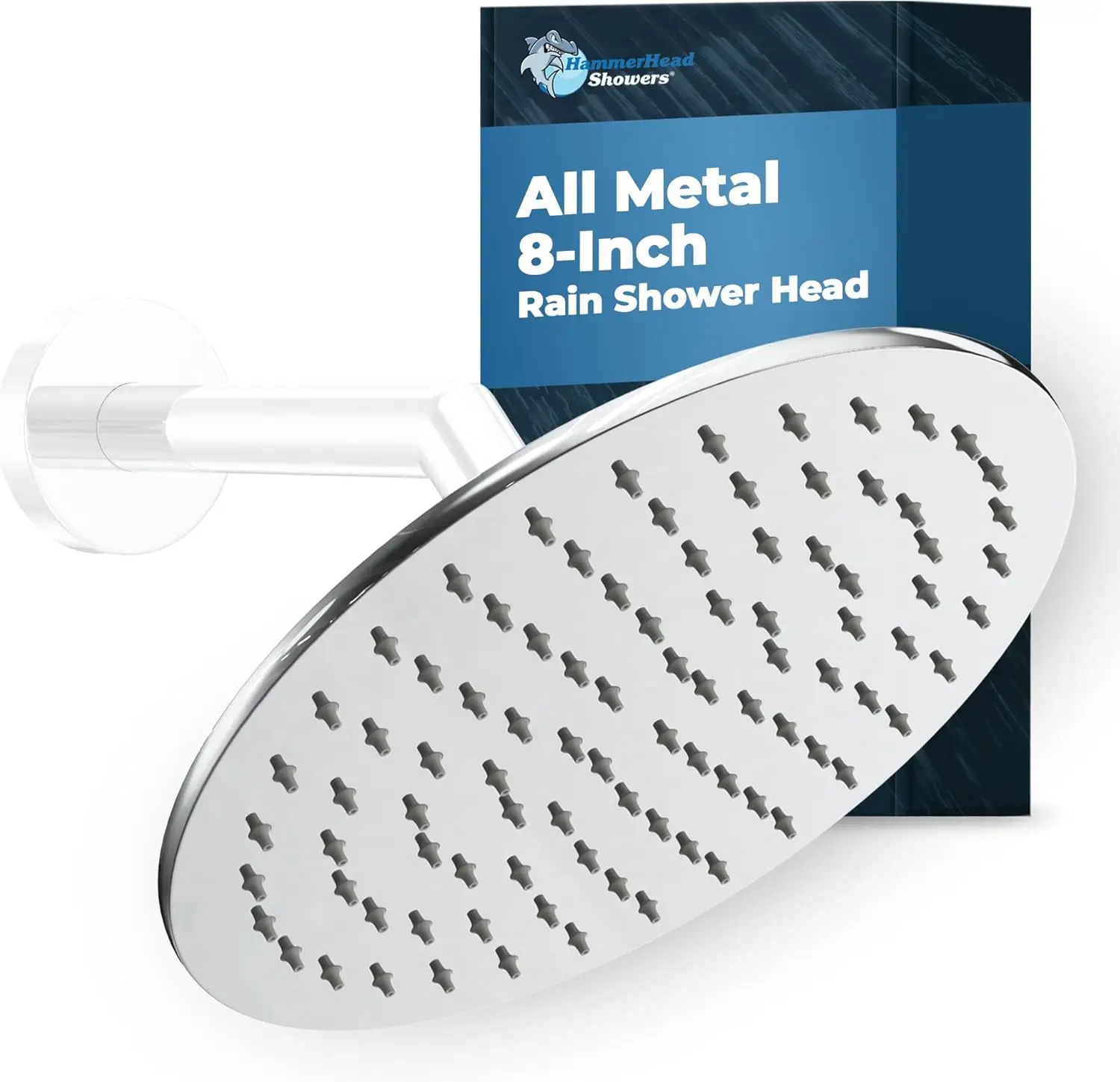 

8 Inch Solid Metal Rainfall Shower Head, Chrome Finish, 2.5 GPM High Flow for Enhanced Pressure, Large Round Rain Design