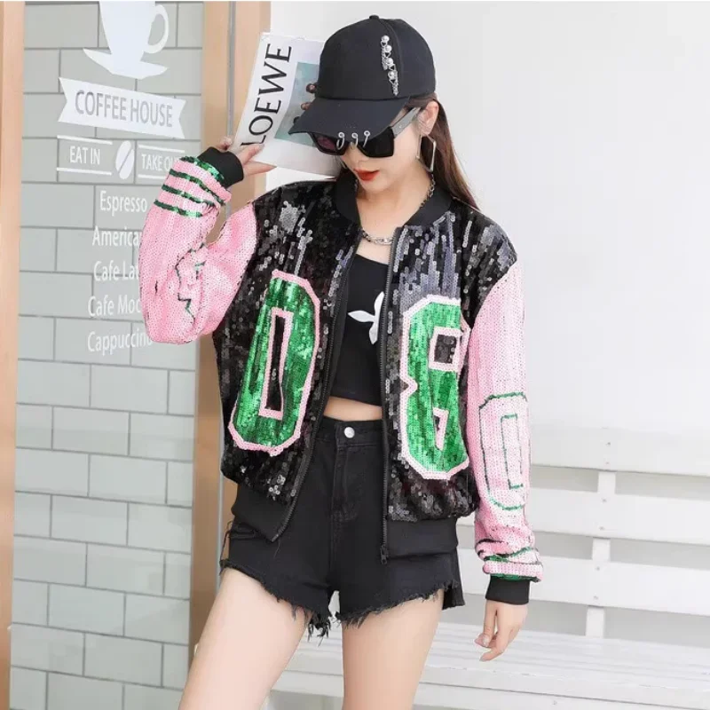 

Streetwear Nigth Club Sequined PatcSthwork Color Long Sleeve Digit Round Neck Loose Jacket Spring And Autumn Women Hip Hop Coats