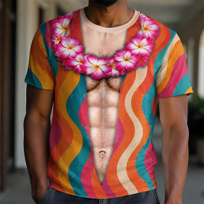 Novelty Fake Chest Skin Visual Print Funny T Shirt Men Hawaii Tropical Floral Seaside Landscape Short Sleeve Casual Tee Summer