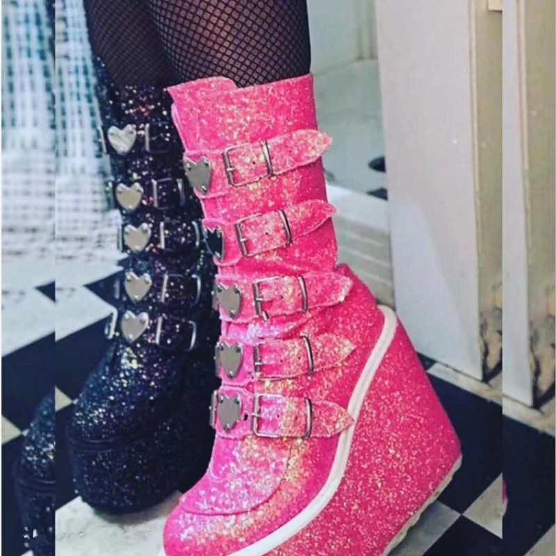 Gothic Style Cool Punk Motorcycles Boots Female Platform Wedges Calf Boots High Heels Cosplay Women Shoes Brand Botas De Mujer