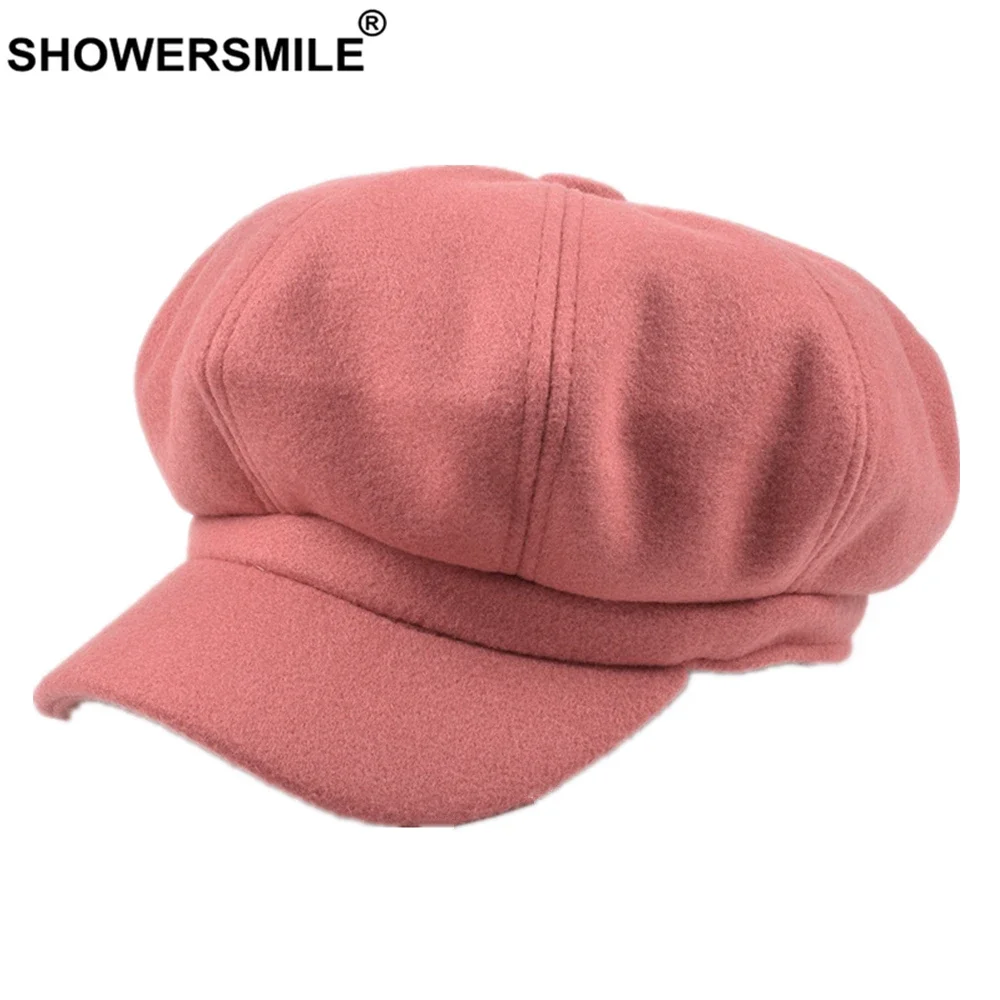 SHOWERSMILE Female Beret Wool Newsboy Cap Red Hats for Women Khaki Ladies Baker Boy Hat Autumn Winter Vintage Octagonal Cap