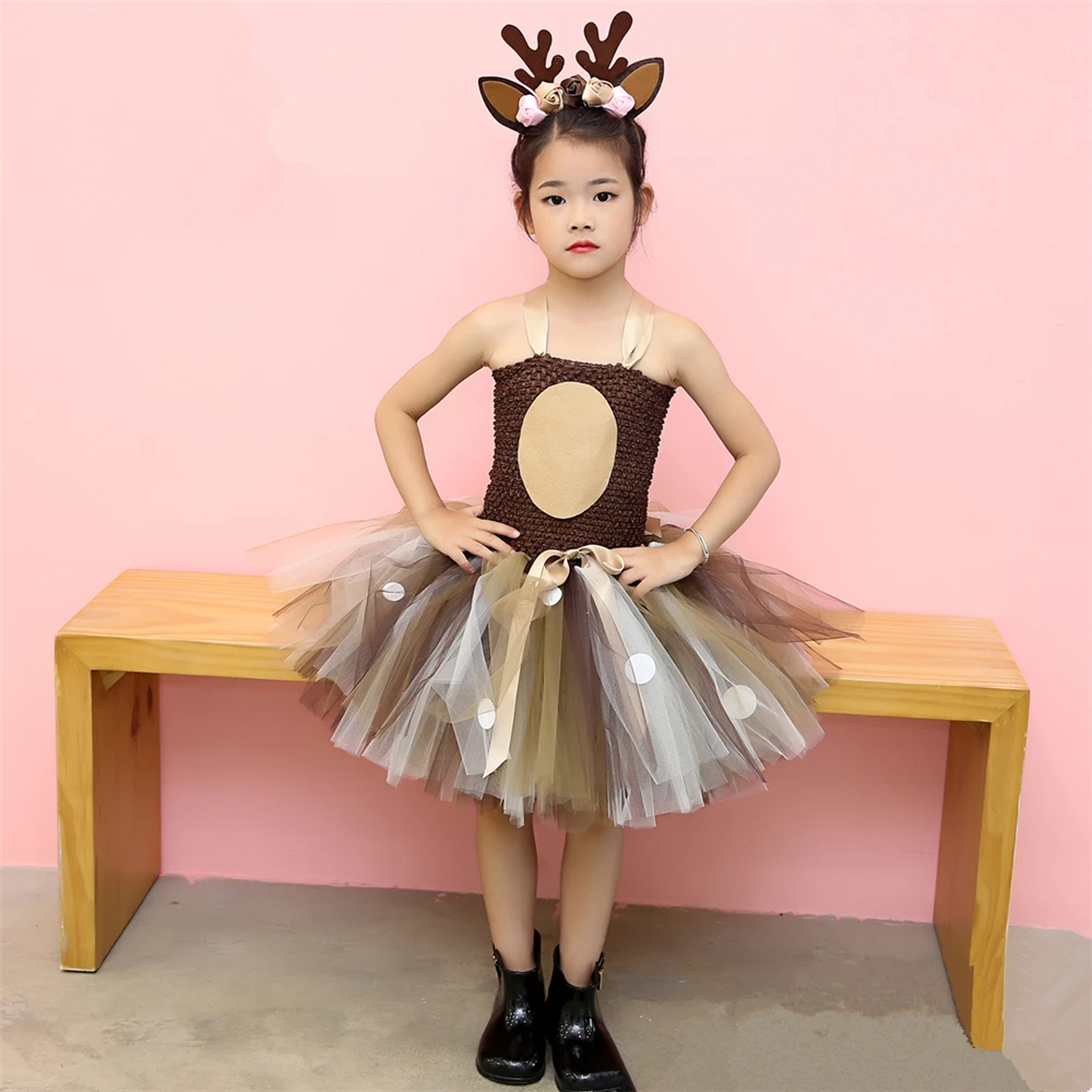 Costume di cervo di renna per ragazze vestito di Tutu di natale bambino bambini Halloween Jungle Party Animal Dress Up con fascia di corna