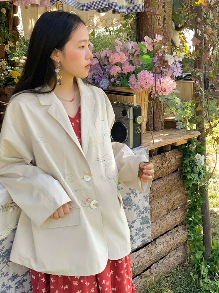 

Autumn Spring Women Loose Floral Print Cotton Jacket Coats