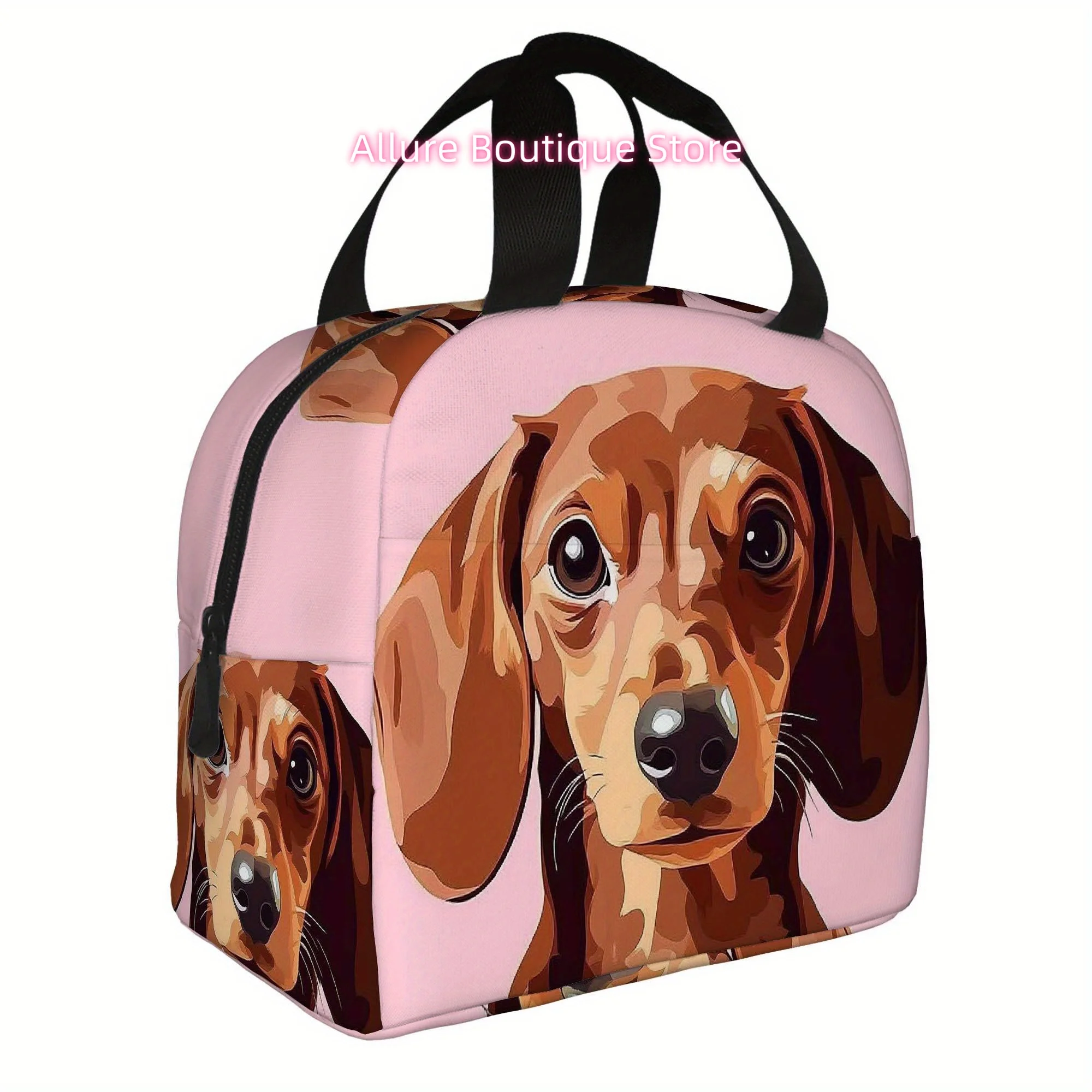 1 pieza de un retrato de Dachshund sobre un fondo rosa, con una bolsa térmica impresa. Esta bolsa aislante no está diseñada para el contacto con alimentos.