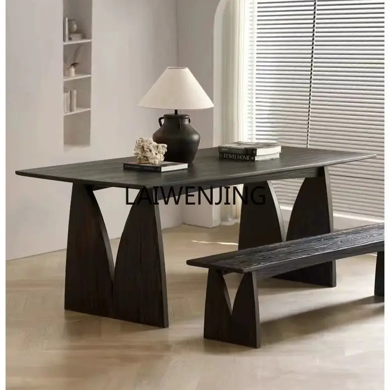 HLZ Nordic wabi style black solid wood dining table simple modern ash wood tea table workbench