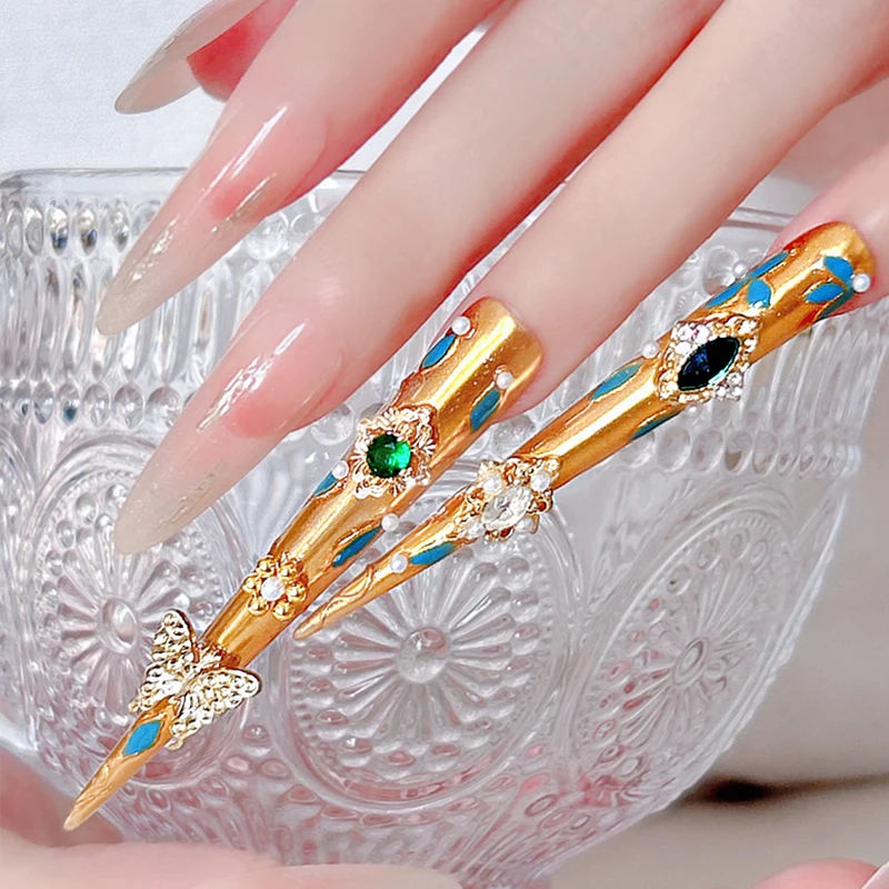 14개(긴 것 4개+짧은 것 10개) 수제 럭셔리 보석 - 이벤트용 반짝이는 리티니 네일 세트(인기 있는 키트보다 우수함)