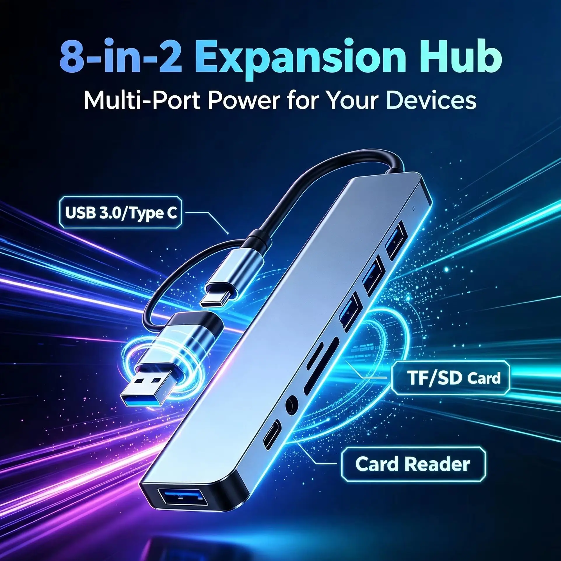 8 IN 2 Dual Plug USB‑A Type‑C Hub High‑Speed USB 3.0 Splitter TF/SD Card Reader 3.5mm Audio Port Aluminum OTG Adapter For Window