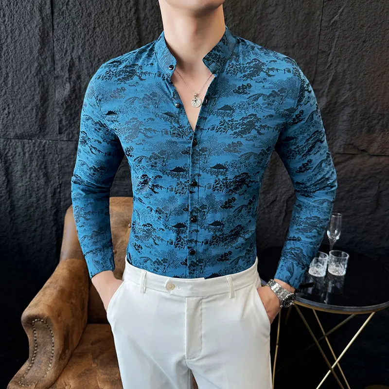 

Autumn Standing Collar Printed Long-sleeved Shirt Daily Printed Men's Party Daily Slim Men's Luxury Shirt.