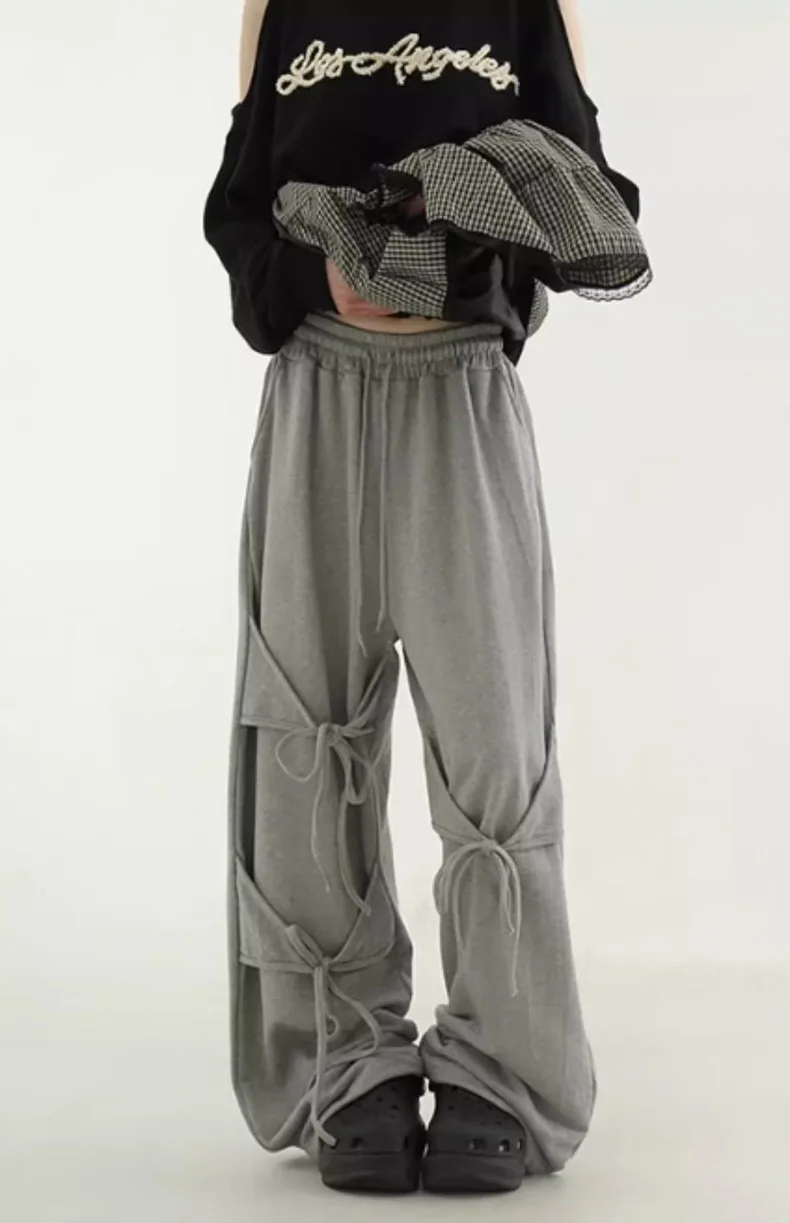 

Women's Gray Lace-Up Elastic Waist Triangle Scarf Strap Trousers Korean High Waist Loose Wide-Leg Straight Wide-Leg Trousers