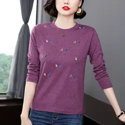 Women's Pure Cotton T-shirt 2023 Spring and Autumn New Fashion Solid Color Printed Long Sleeved Round Neck Loose Pullover Tops