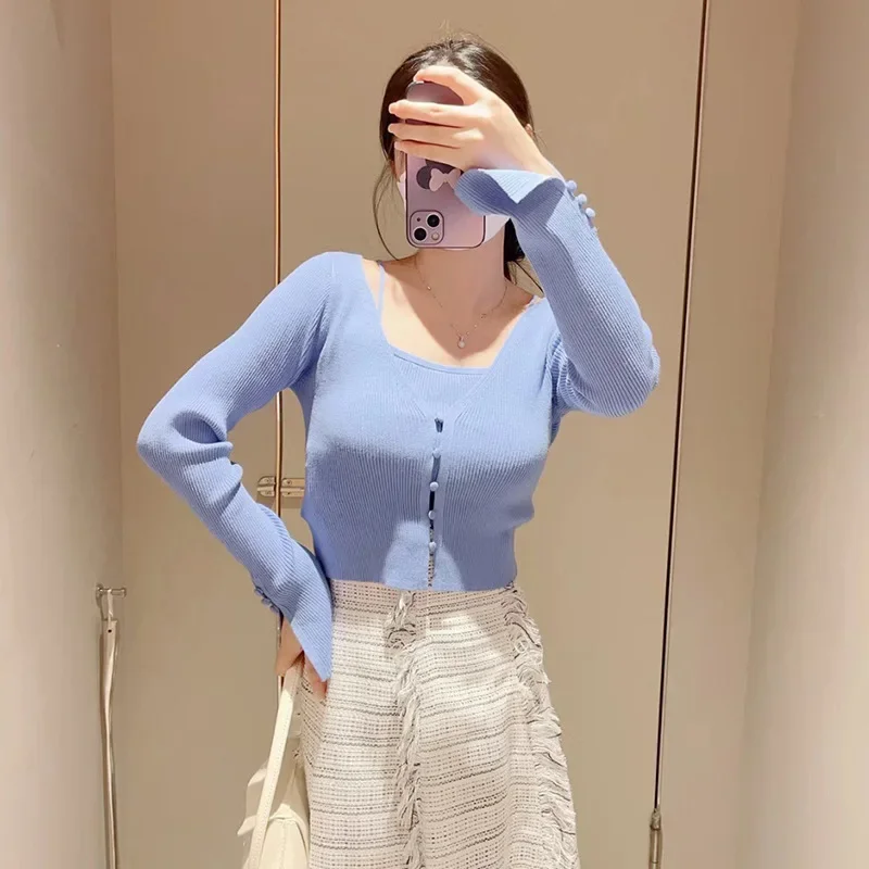 Kuzuwata Japanese Solid Color Slim V Neck Cardigan Vests Two-piece Suits 2024 Early Spring Sweet Outerwear Long Sleeve Top Women