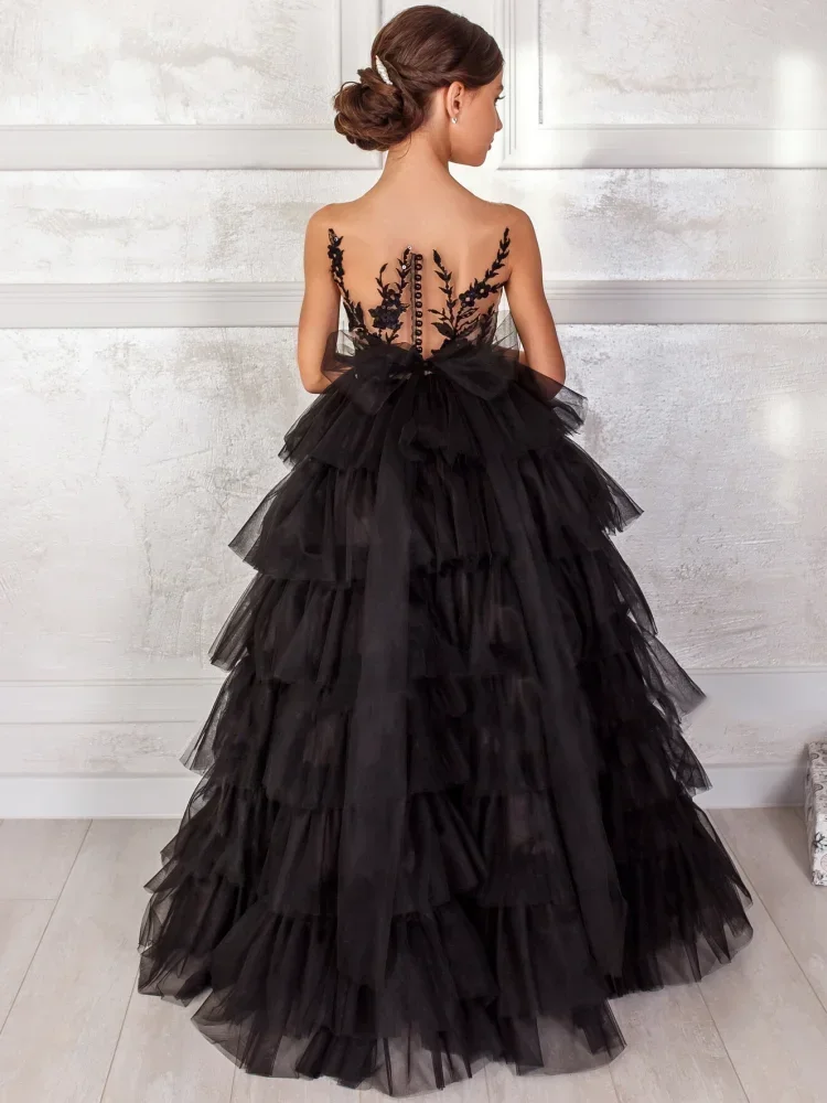 

Lace Appliques Layered Sleeveless Girl Kids Birthday Ball Gown First Holy Communion Gowns Black Flower Girl Dresses for Wedding