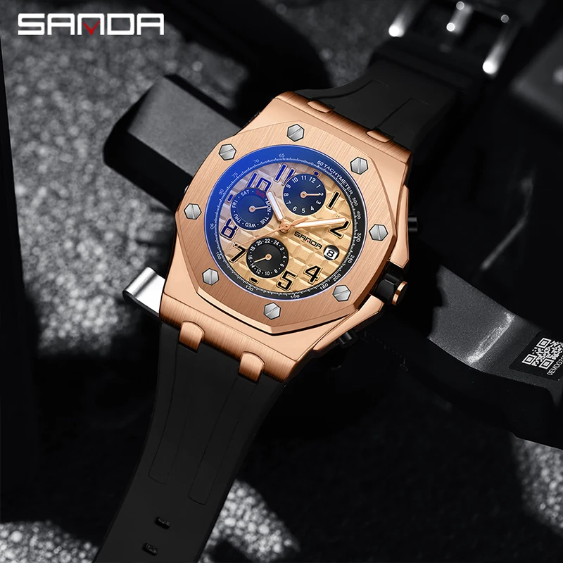 SANDA Casual Fashion Rose Gold Case Black Silicone Automatic Mechanical Watch For Men 30M Waterproof Clock Gift Reloj Hombre