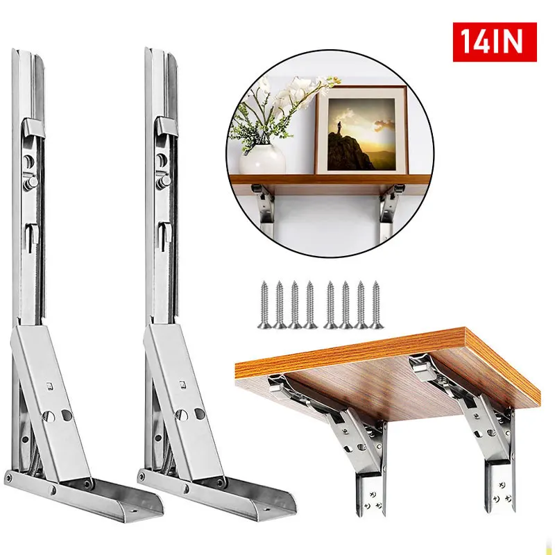 

14Inch Folding Shelf Brackets Triangle Folding Angle Bracket Wall Mounted Bracket Heavy Duty Table Hinges for Shelf Table Desk