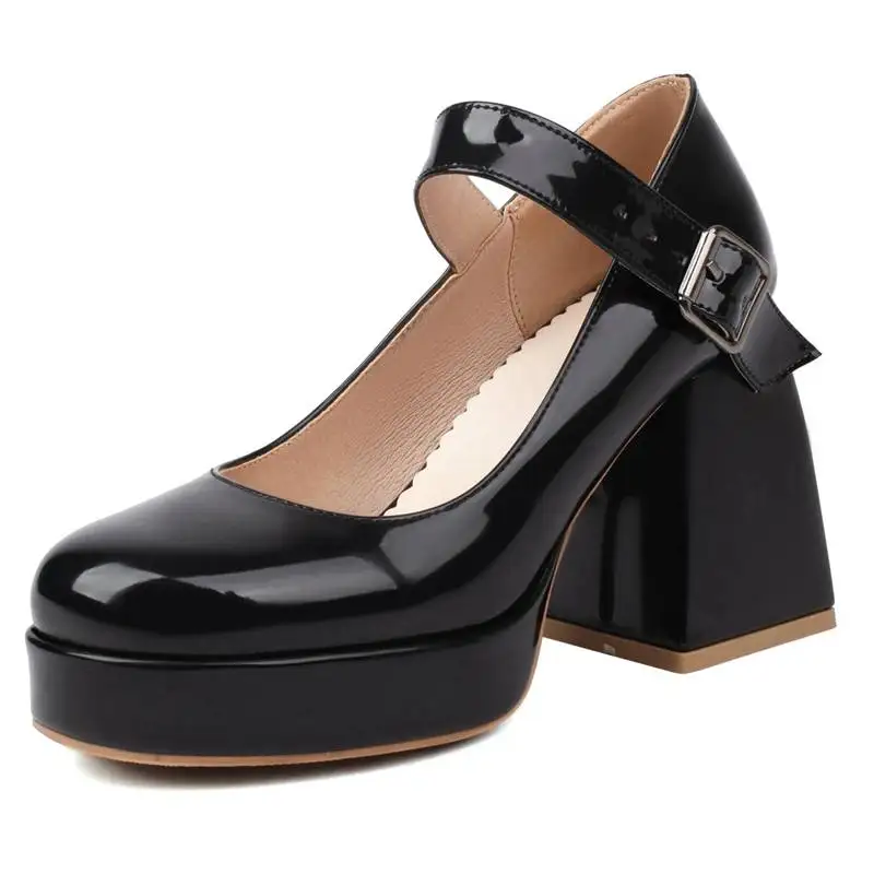 ANOVISHANA Mary Women Pumps Round Toe Block Heel 9cm Platform 2cm Buckle Strap Sweet Dating Shoes For Female Big Size 45 46