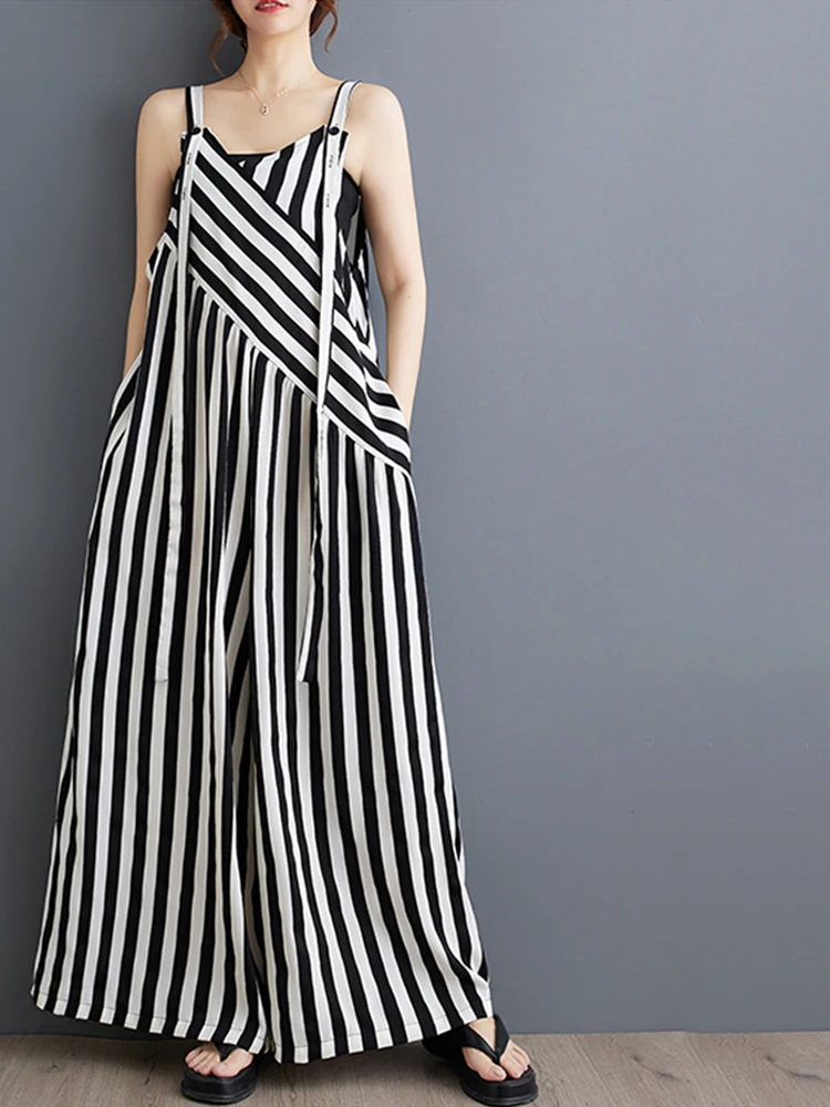 

Oversized Summer Striped Print Wide Leg Jumpsuit Women Loose Pleated Fashion Ladies Jumpsuits Casual Woman Overalls Jumpsuit