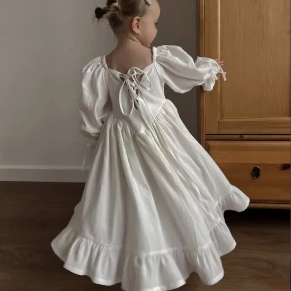 2023 New Baby Girls Dresses Clothes Autumn Kids Princess Dress Solid Long Sleeve Ruffles Children Party Dress Outfits