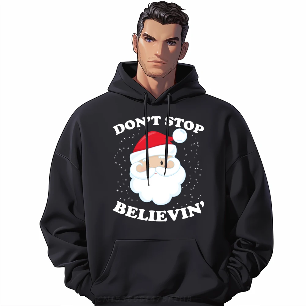 Men Christmas Sweater Long Sleeve Don't Stop Believing Santa Christmas Graphic Shirts Natural Hoodie Illustration