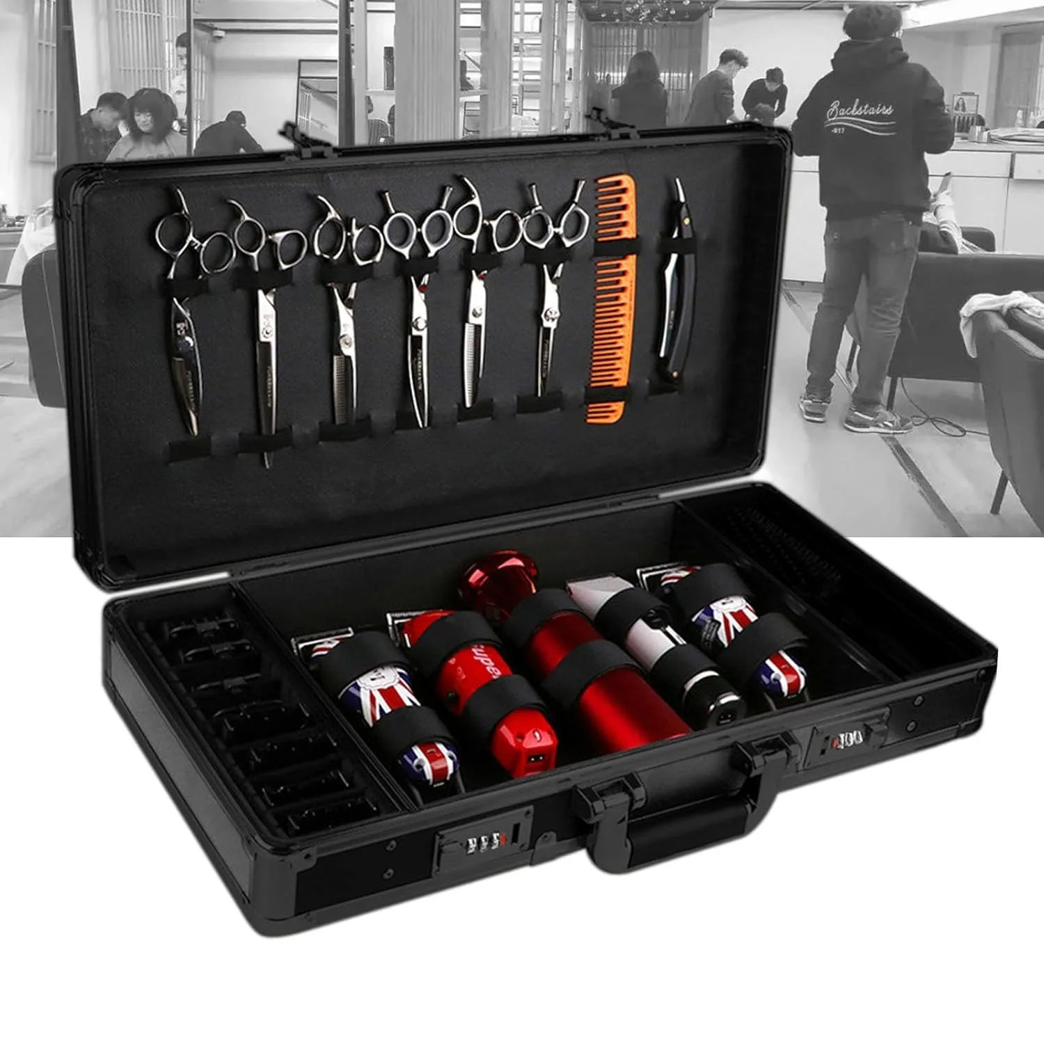 

Hairdresser Tool Box with Code Lock, Barber Tool Travel Case, Salon Clipper Trimmer Holder Portable Hairdresser Scissors Bag