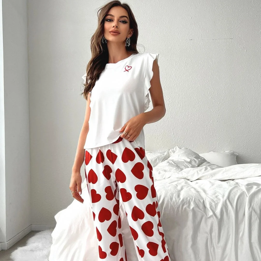 

Red Heart-shaped Print Pajamas for Women Home Wear Set Lotus Leaf Sleeve Shirts and Long Pants Nightgown Christmas Gifts
