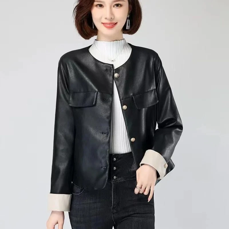 Casacos femininos com gola redonda elegante e versátil, estilo pequeno e perfumado, jaqueta de couro de alta qualidade