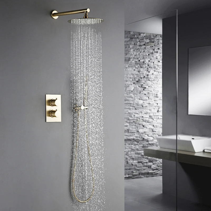 Thermostatic Control Mixing Bathroom Faucet Brushed Gold Shower Set 2 Dial 2 Way Diverter Valve Smesiteli Rainshwoer