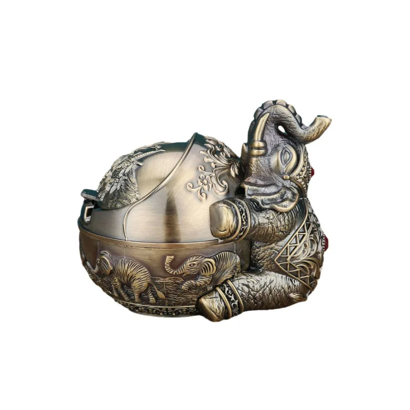 Retro Metal Bronze Elephant Ashtray With Lid, Windproof Creative Trendy Home Decor Russian Elephant Ornament Smoking Ash Tray