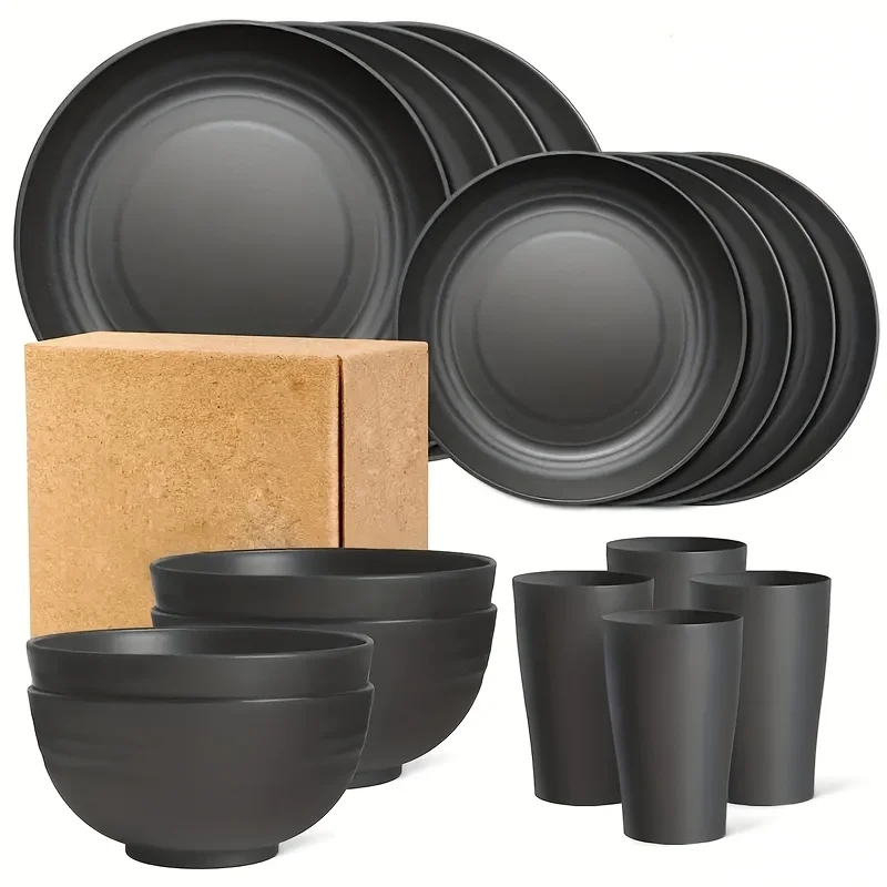 Picture 7: 16pcs Unbreakable Tableware Set Shatterproof 8 Plates 4 Bowls 4 Cups Microwave Dishwasher Safe for Camping Daily Use Black