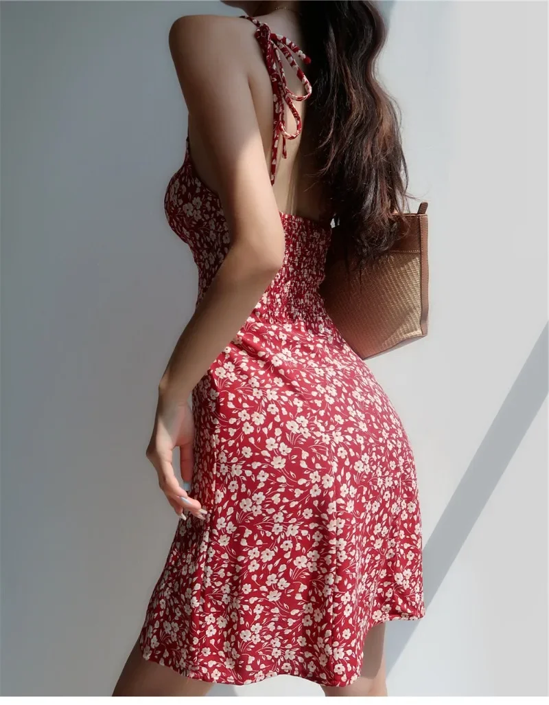 Women New Summer Floral Dress Slim Waist Bandage Slip Dresses Chic Sweet Girls Vintage Vocation Clothes Cute Cottagecore Dresses